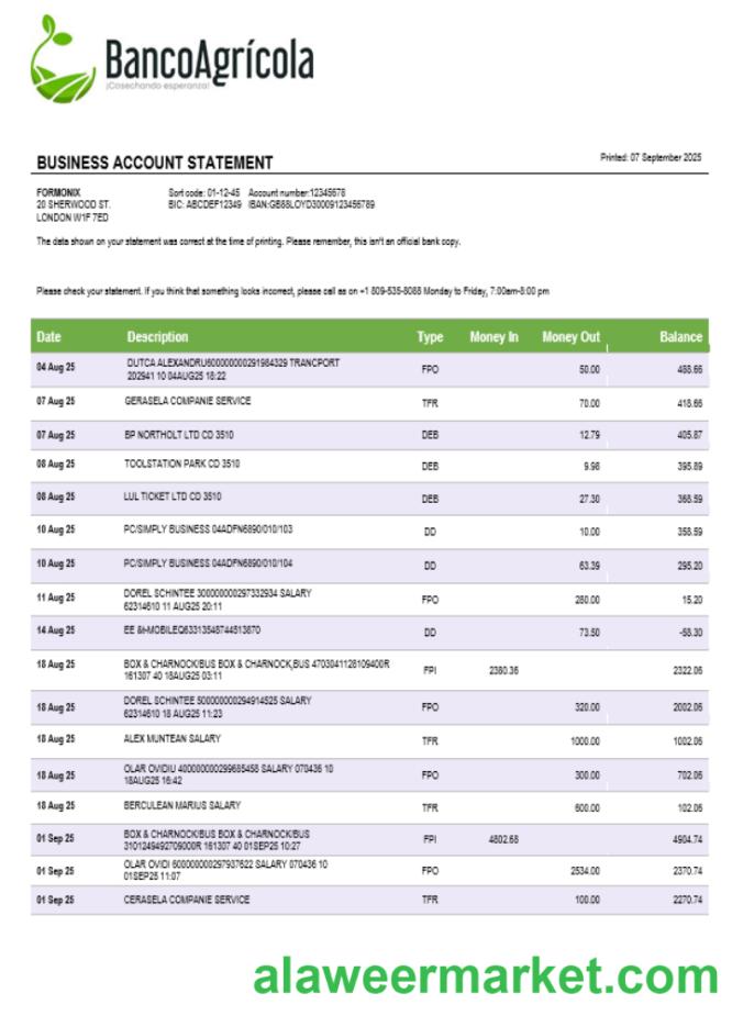 Banco Agricola business account statement Word and PDF template